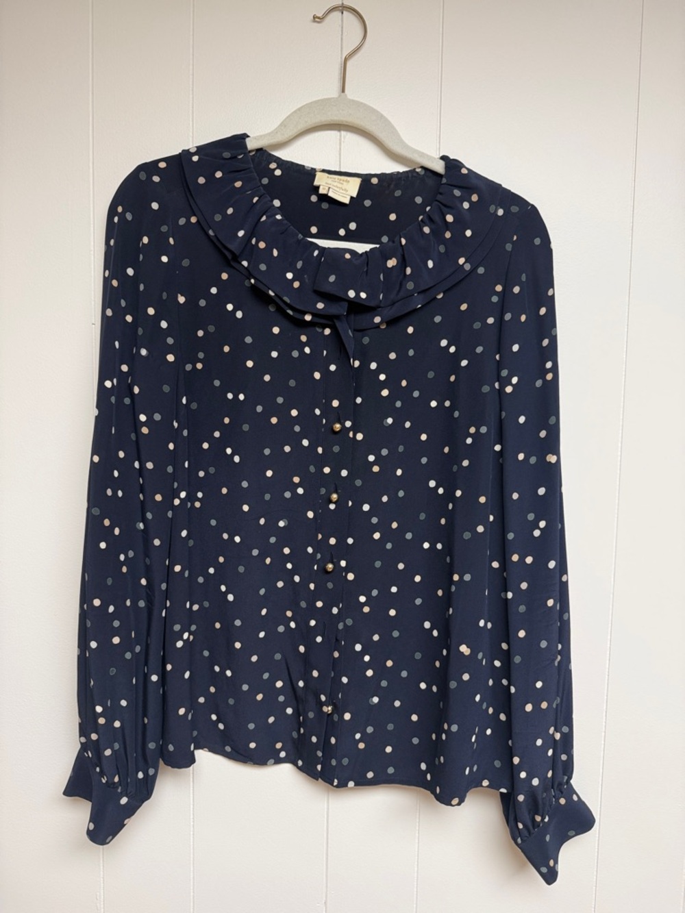 Women’s Navy Polka Dot Ruffle Collar Blouse